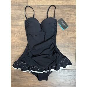Profile Gottex Black Lasercut One Piece Swimsuit 8 Swimdress Ruffle NWT